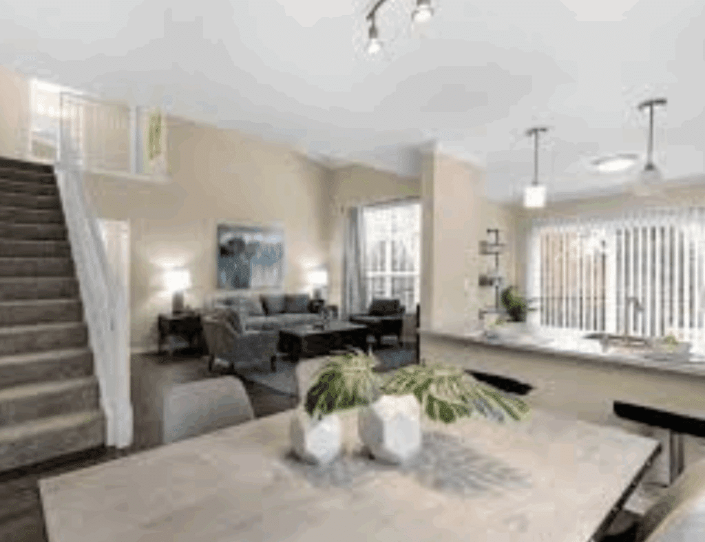 Open concept apartment living room and kitchen.
